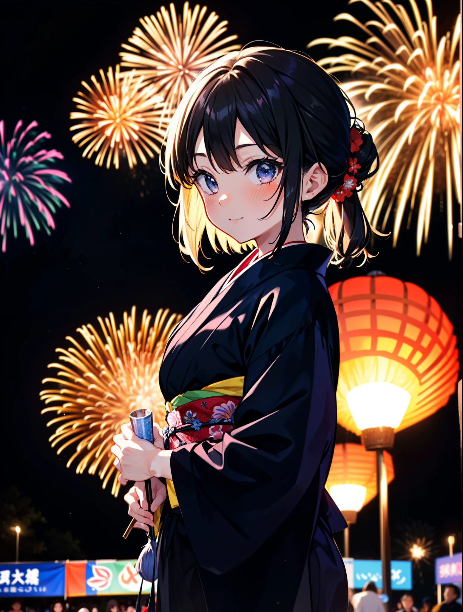 mioakiyama, My Akiyama, Long Hair, bangs, Black Hair, (Iris:1.3), Hime cut,blush,smile,hair tied back,Flower Hair Ornaments,Black yukata,Japanese Festivals，Summer festival food stalls、Red lantern,Fireworks in the night sky,Fireworks,The place is a fireworks display,Time is night,sunny day,whole bodyがイラストに入るように
break outdoors, shrine,
break looking at viewer, whole body,(Cowboy Shot:1.5),
break (masterpiece:1.2), Highest quality, High resolution, unity 8k wallpaper, (figure:0.8), (Beautiful attention to detail:1.6), Highly detailed face, Perfect lighting, Highly detailed CG, (Perfect hands, Perfect Anatomy),