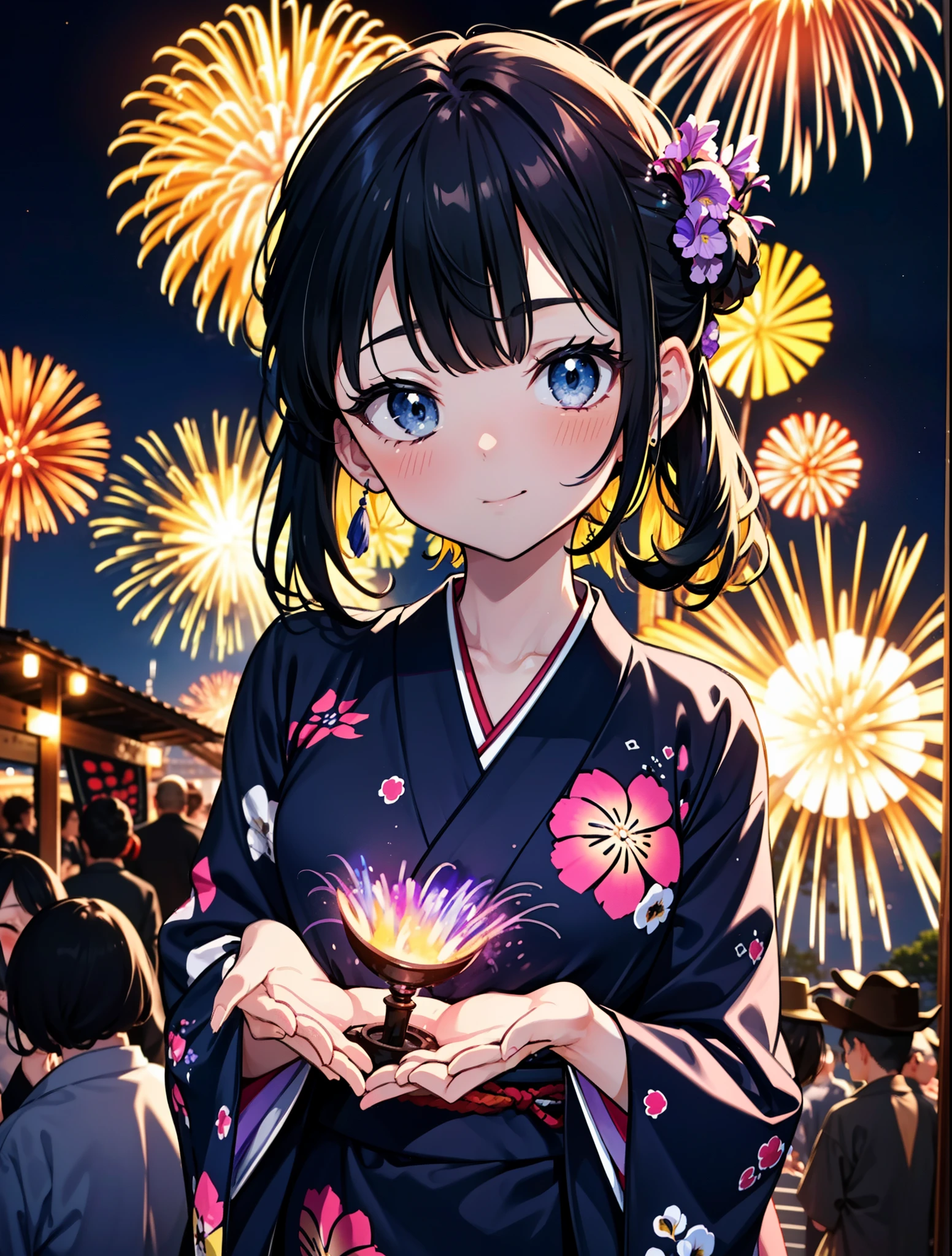 mioakiyama, My Akiyama, Long Hair, bangs, Black Hair, (Iris:1.3), Hime cut,blush,smile,hair tied back,Flower Hair Ornaments,Black yukata,Japanese Festivals，Summer festival food stalls、Red lantern,Fireworks in the night sky,Fireworks,The place is a fireworks display,Time is night,sunny day,whole bodyがイラストに入るように
break outdoors, shrine,
break looking at viewer, whole body,(Cowboy Shot:1.5),
break (masterpiece:1.2), Highest quality, High resolution, unity 8k wallpaper, (figure:0.8), (Beautiful attention to detail:1.6), Highly detailed face, Perfect lighting, Highly detailed CG, (Perfect hands, Perfect Anatomy),