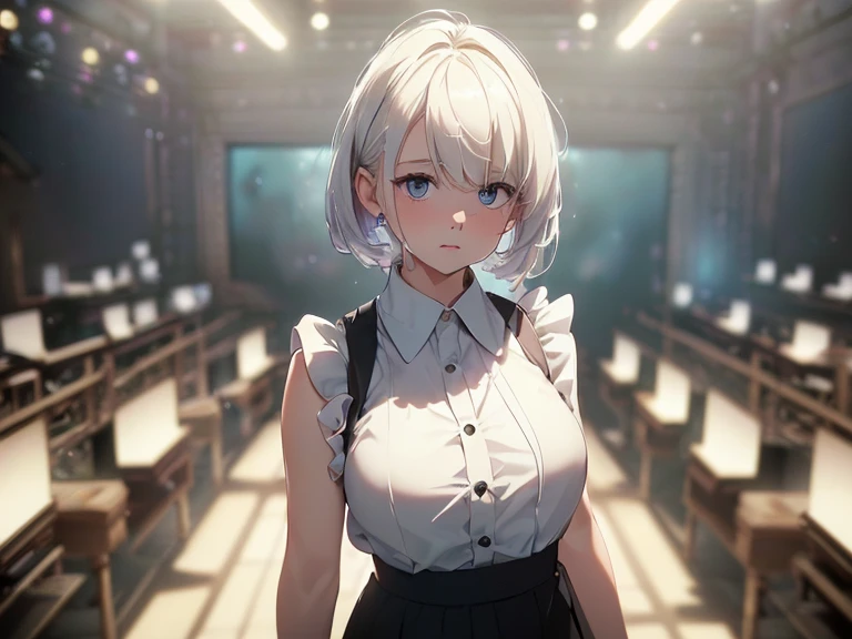 Highest quality, Ultra-high resolution, One Girl, sleeveless white button-up shirt, Black Skirt, cute,(Platinum Blonde Hair:1), ((Puffy eyes)), Show Viewer(Depth of Field HDR 8K 4K Wallpaper Cinematic Angle, Cinema Lighting,:1.5) (masterpiece, Highest quality:2.0),City Pop,Inside the cafe
