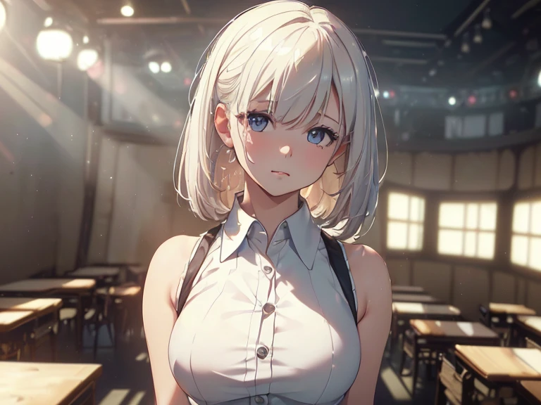 Highest quality, Ultra-high resolution, One Girl, sleeveless white button-up shirt, Black Skirt, cute,(Platinum Blonde Hair:1), ((Puffy eyes)), Show Viewer(Depth of Field HDR 8K 4K Wallpaper Cinematic Angle, Cinema Lighting,:1.5) (masterpiece, Highest quality:2.0),City Pop,Inside the cafe