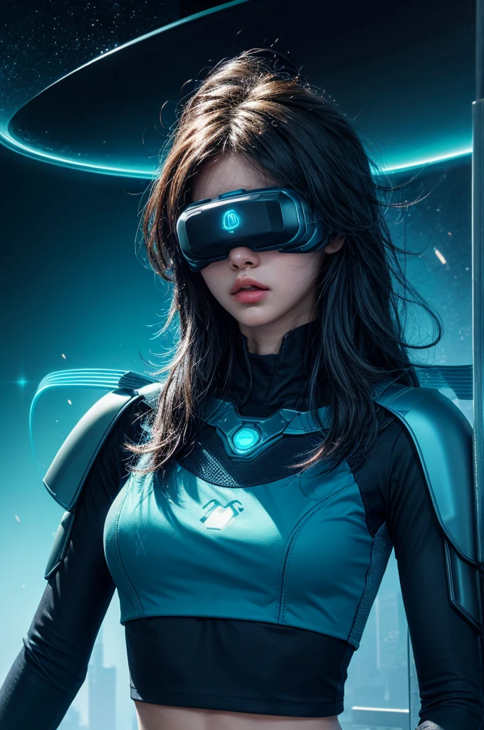 best quality, head-mounted display,
Percy Jackson as a Cyborg, surrounded by azure neon, NodesTech mascara, NodesTech headdress, ethereal hair, wearing crop top cyborg armor
BREAK sci-fi background, detailed background,  azure neon background, data space