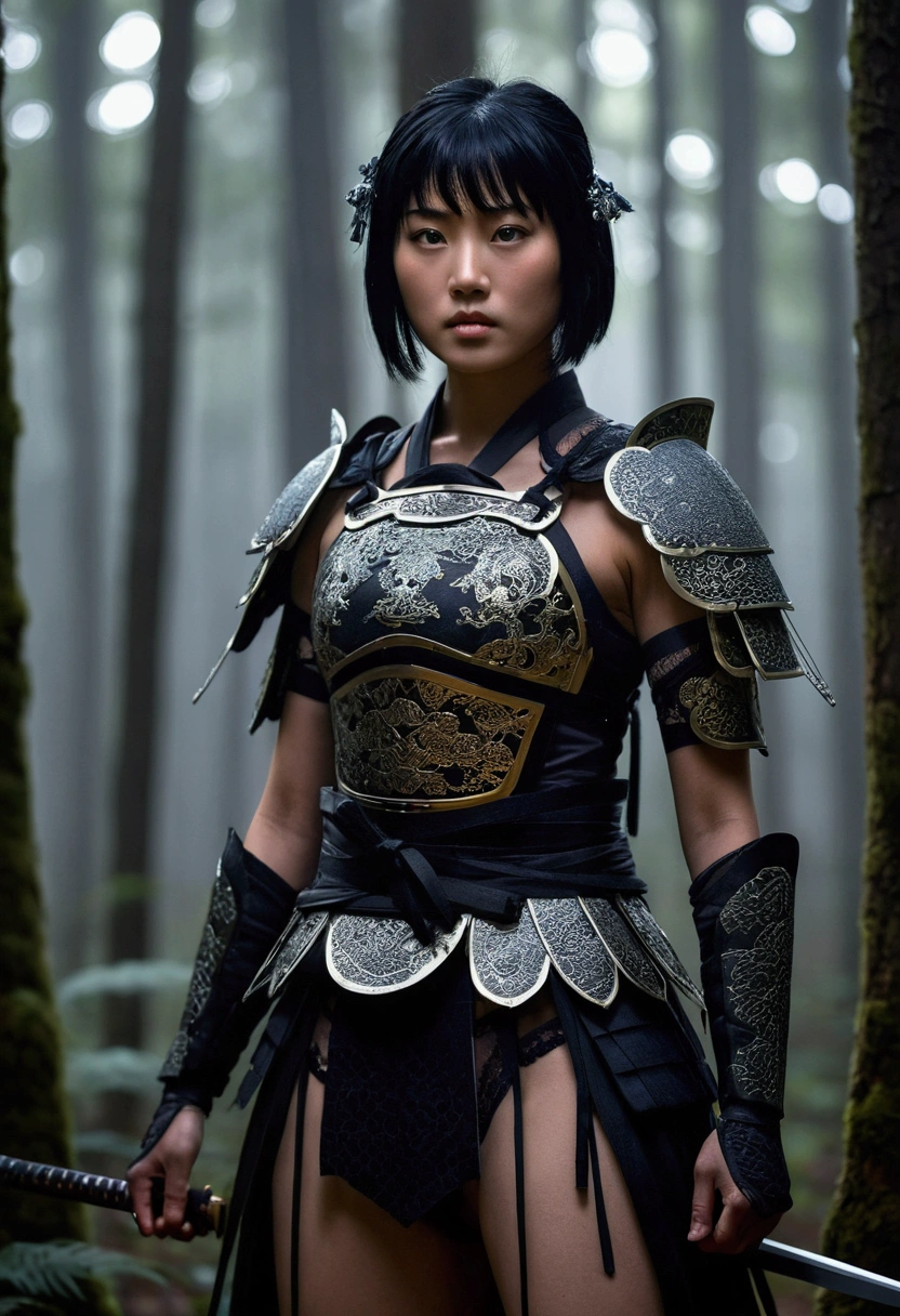 A dark, misty forest at dusk, the only light coming from flickering lanterns casting long shadows. A lone samurai girl, adorned in intricately designed armor and matching lingerie, stands confidently with short, raven-black hair framing her determined face. The camera's 16k sensor captures every detail of her warrior spirit.