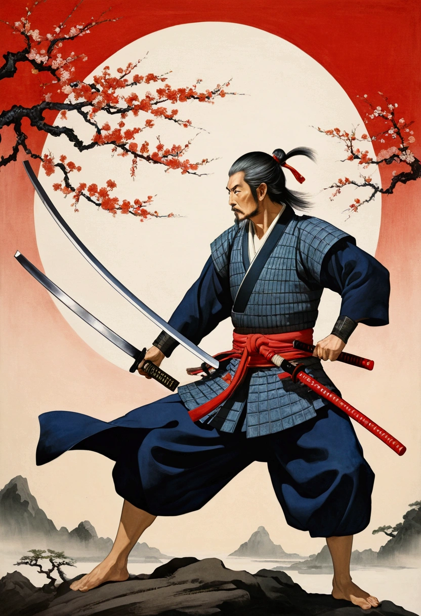 A scene symbolizing Musashi's multifaceted life。Swordsmanship、Painting、An illustration of the fusion of the three elements of tactics