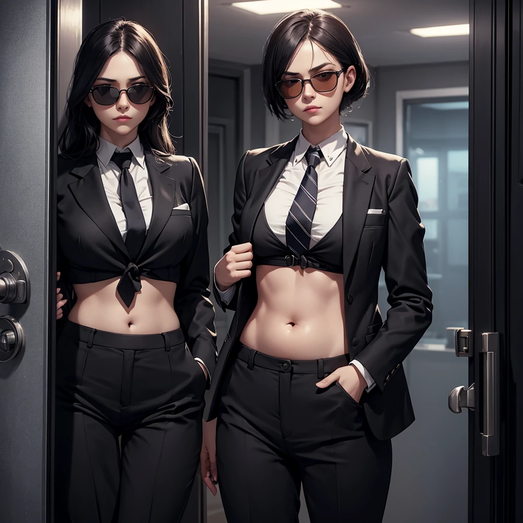 night time, Woman in professional crop top suit, trousers, Show belly, Realistic navel shape, necktie, black sun glasses, secret organization, holding pistol, knock on the door, MIB, fat