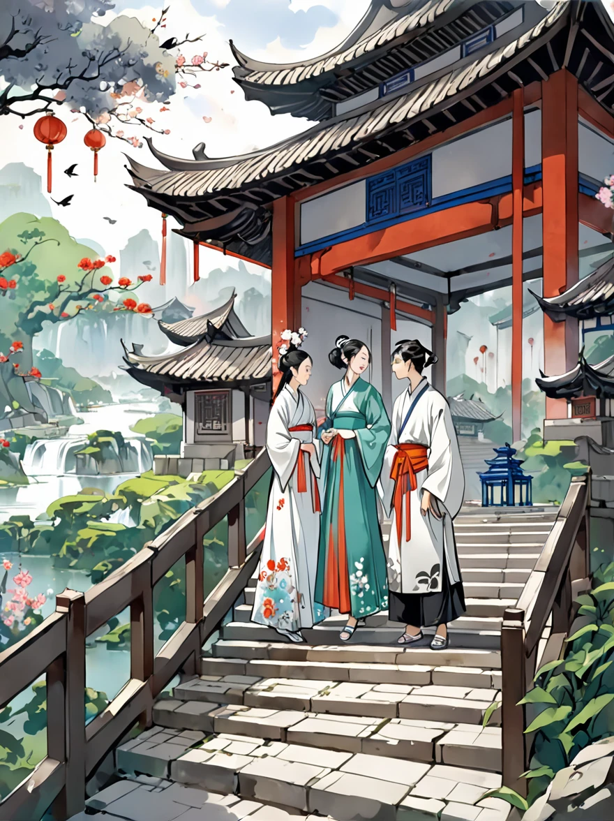 (n style of Wu Guanzhong:1.9), concept art ink wash painting of romantic Qixi Festival a chinese boy and girl in hanfu . love story of Weaver Girl and Cowherd, magpie bridge, and starry reunions . monochromatic, loose, fluid, expressive, delicate,colorful . digital artwork, illustrative, painterly, matte painting, highly detailed