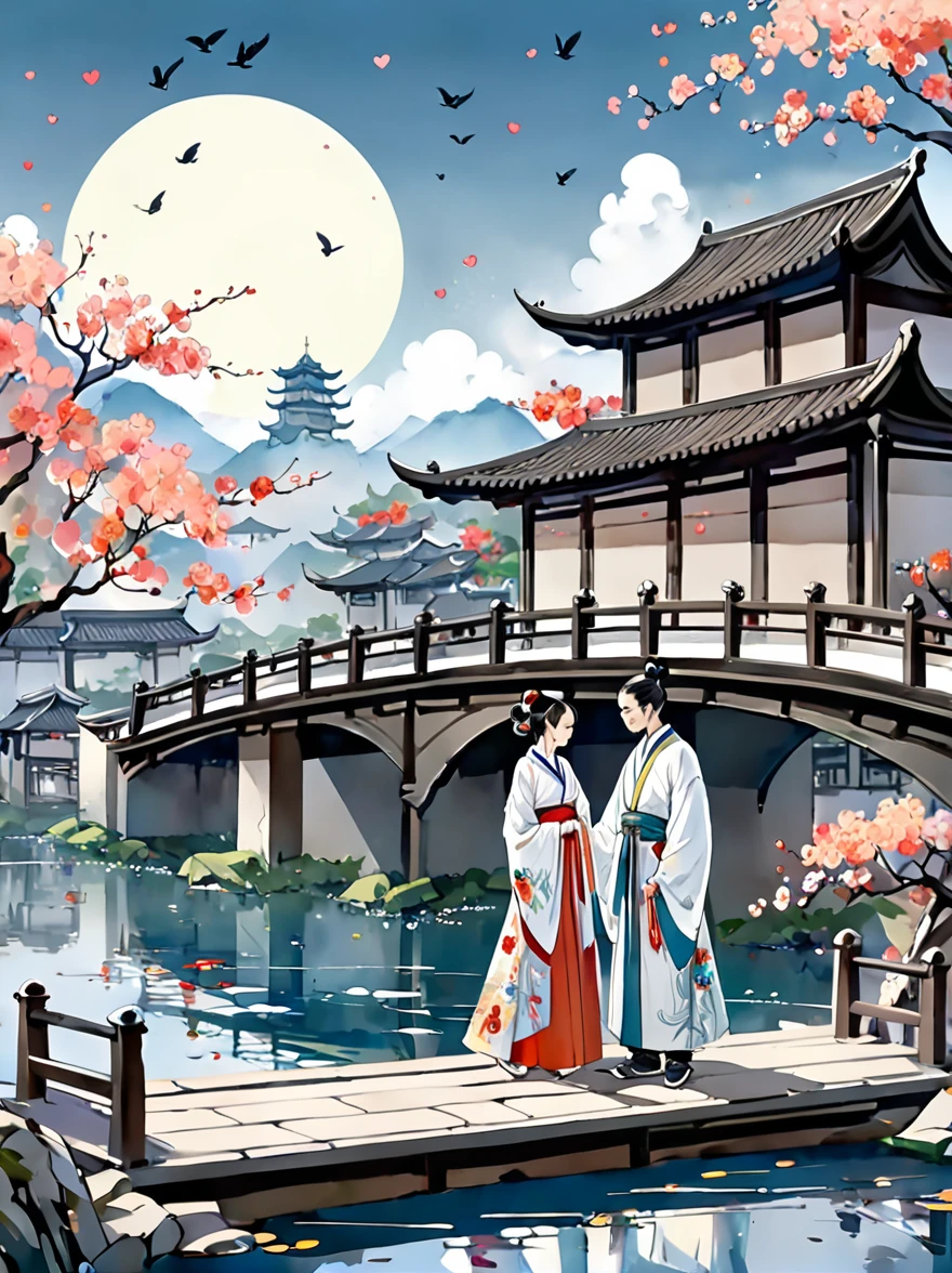 (n style of Wu Guanzhong:1.9), concept art ink wash painting of romantic Qixi Festival a chinese boy and girl in hanfu . love story of Weaver Girl and Cowherd, magpie bridge, and starry reunions . monochromatic, loose, fluid, expressive, delicate,colorful . digital artwork, illustrative, painterly, matte painting, highly detailed