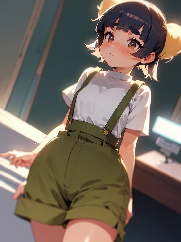 (Sumilux f1.4 50mm , low Latitude old color negative film , cross process , bokeh, flare, chromatic aberration , soft focus, (Shallow focus) , soft glow , Maximum aperture, high Key , Transparent depiction)  , hentai anime style , innocent erotica , girl , (Thick thighs) , (Short stature) , (blunt bangs , Pixie Cut , Twin tail hairstyle ) , (round maro eyebrows:1.2) , (Baggy short Culottes) , suspenders , twin melons , Itchy groin , Kung Fu action