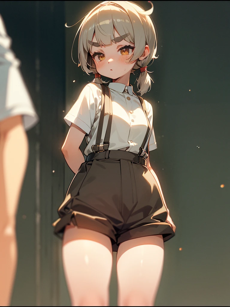 (Sumilux f1.4 50mm , low Latitude old color negative film , cross process , bokeh, flare, chromatic aberration , soft focus, (Shallow focus) , soft glow , Maximum aperture, high Key , Transparent depiction)  , hentai anime style , innocent erotica , girl , (Thick thighs) , (Short stature) , (blunt bangs , Pixie Cut , Twin tail hairstyle ) , (round maro eyebrows:1.2) , (Baggy short Culottes) , suspenders , twin melons , Itchy groin , Kung Fu action