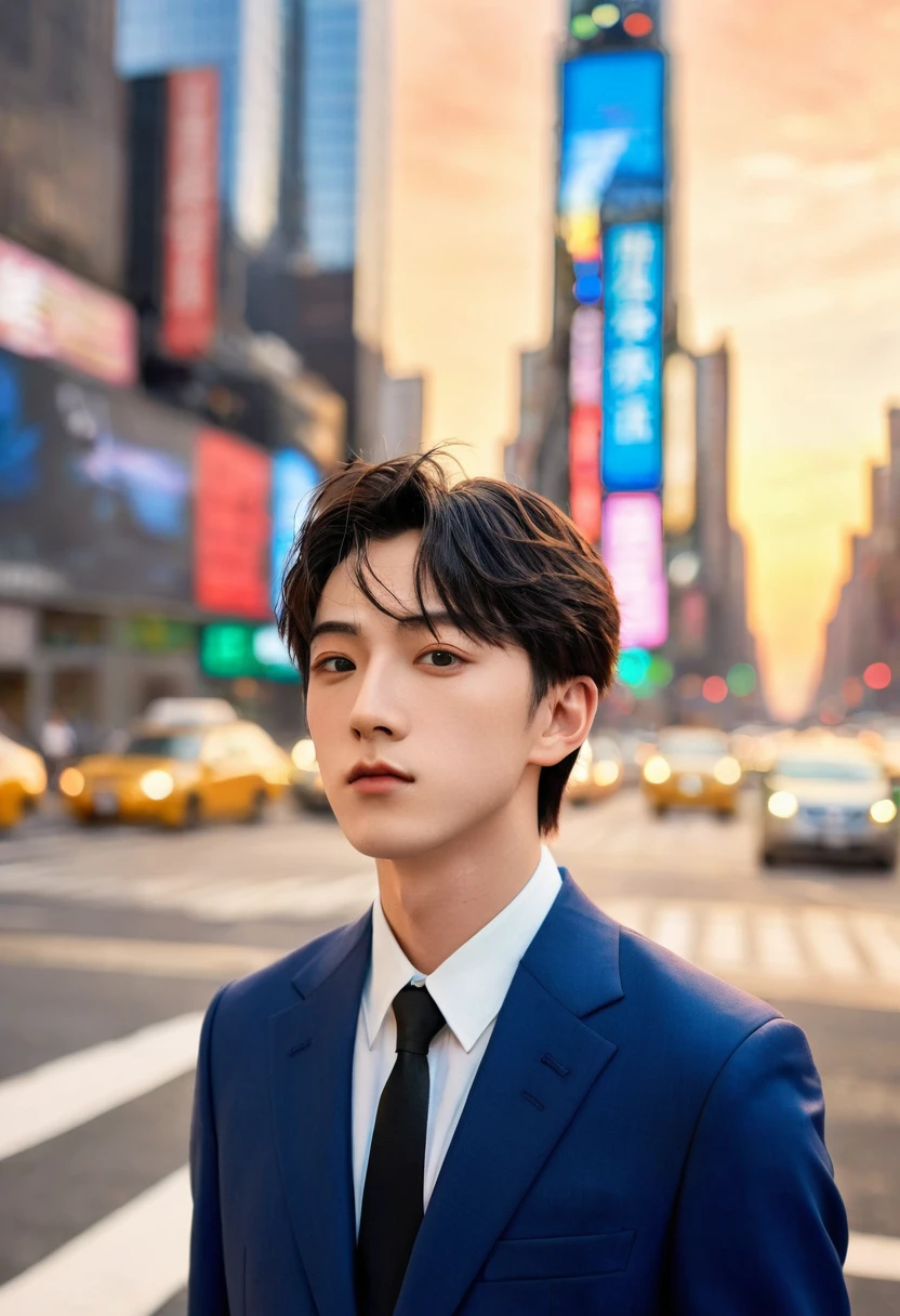 Highest quality, masterpiece, Ultra-high resolution, (Realistic: 1.4), Original photo, wallpaper, new york,Head Photo, skin, Simple Background, iris, detailed, Selfie, 1 boy, 18-year-old, good looking, Wind,sunset、suit、Black short hair、Random Hair、Japanese