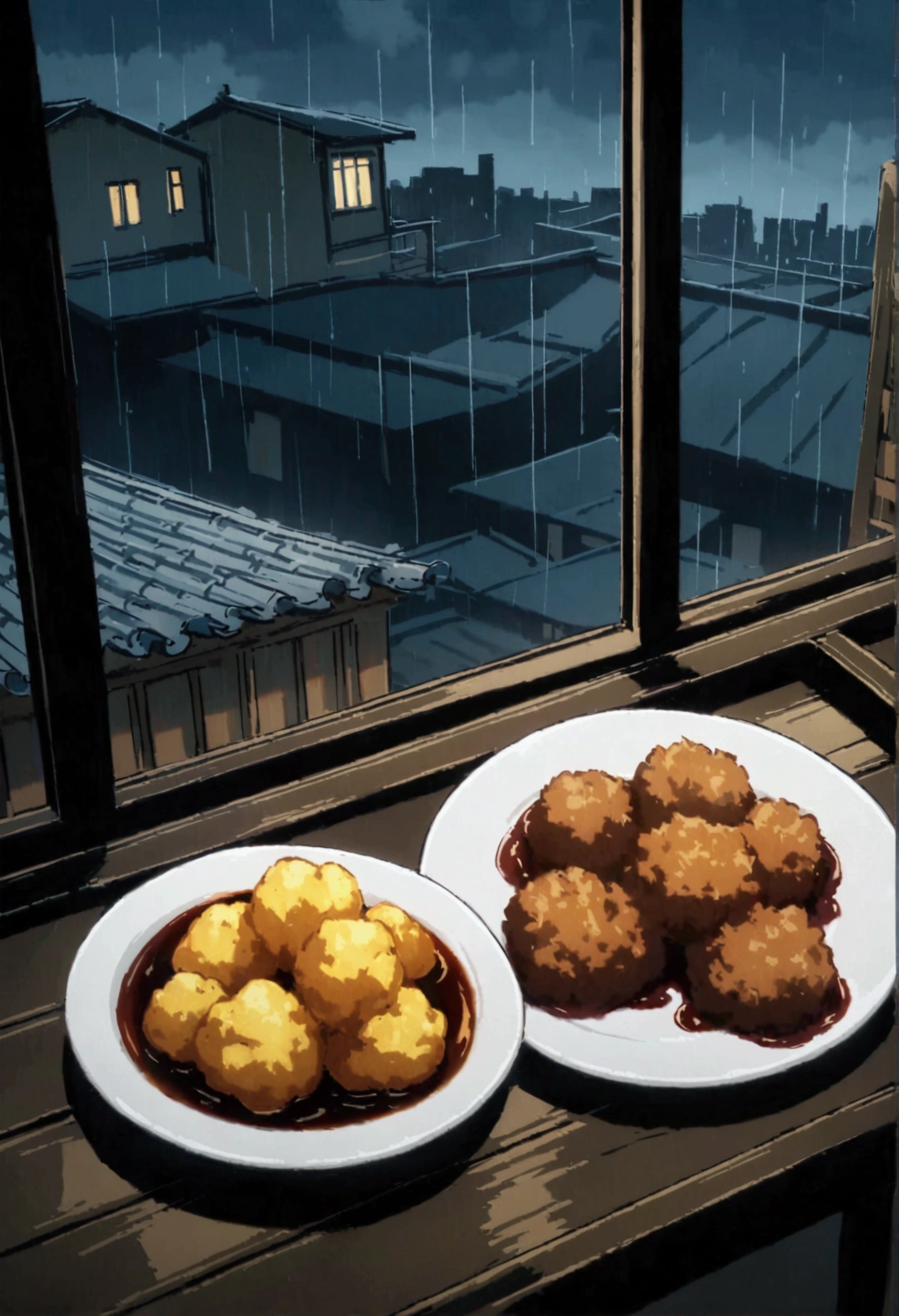 Fried potato balls on plate placed on a table in a balcony , with a tea beside ,on a rainy weather, in evening 