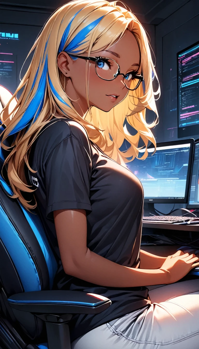 (highest quality:1.2, Very detailed, up to date, Vibrant, Ultra-high resolution, High Contrast, masterpiece:1.2, highest quality, Best aesthetics), Portraiture、girl、slim, Bright colors、Beautiful fine details、Beautiful lip detail、long hair, ((wavy hair:0.4))、messy hair, blonde and blue ((streaked hair:1.3)), highlights hair: 1.3, (medium breast:1), (tan skin:1.3), black t-shirt, pants, game programer, programming on the desk PC., sitting gaming chair, glasses, her room, side shot, (cowboy shot:1.2),