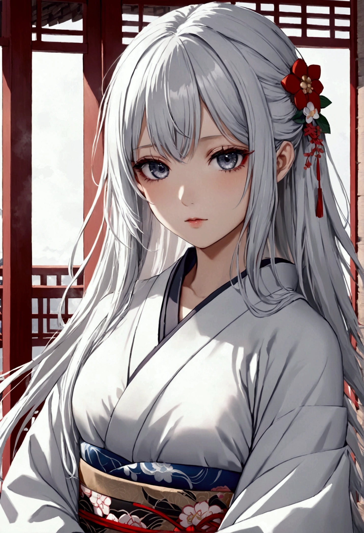 Long white hair , grey eyes, fair skin,kimono,detailed hair, detailed eyes,detailed body, best quality, high resolution, 8k