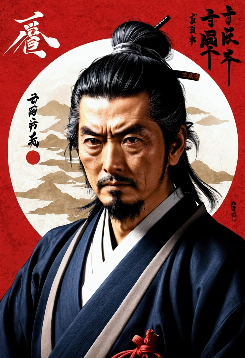 Portrait of Miyamoto Musashi。Around him、Illustrations from previous episodes are used as backgrounds.。