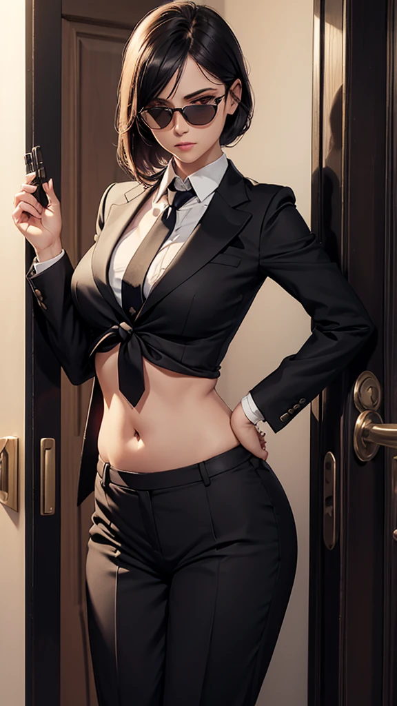 night time, Woman in professional crop top suit, trousers, Show belly, Realistic navel shape, necktie, black sun glasses, secret organization, holding pistol, knock on the door, MIB, fat