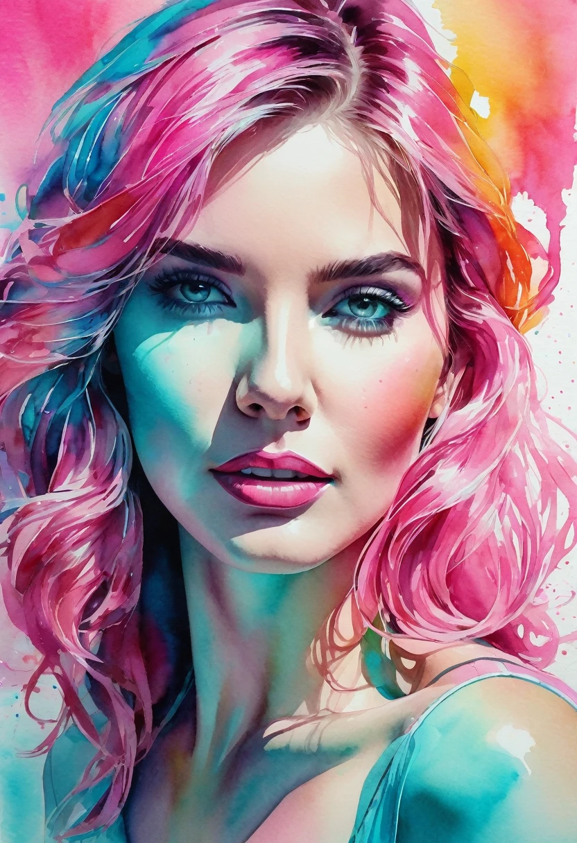 watercolor painting of a beautiful woman in a neon, High detail, portrait, light studio, colorful, high precision, strong, classic, water color ink, pink and turquoise, ultra clear
