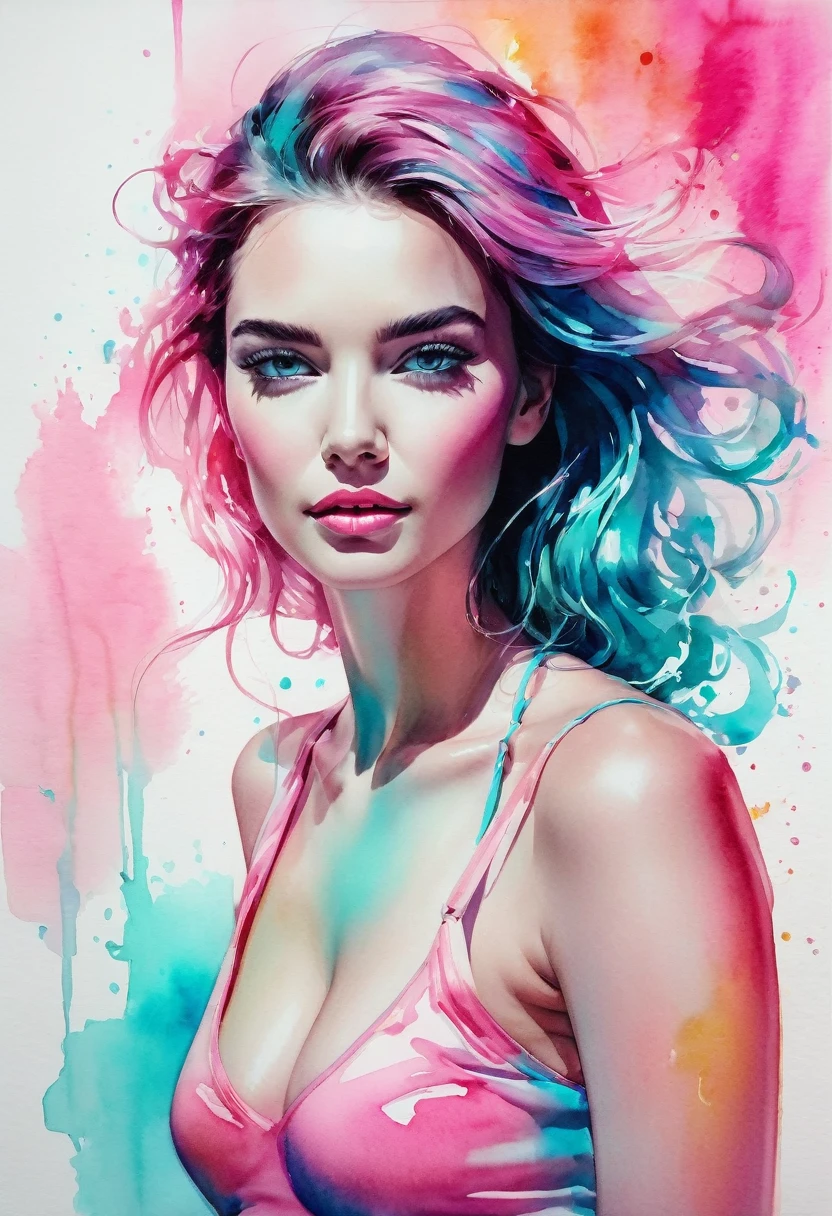watercolor painting of a beautiful woman in a neon, High detail, portrait, light studio, colorful, high precision, strong, classic, water color ink, pink and turquoise, ultra clear