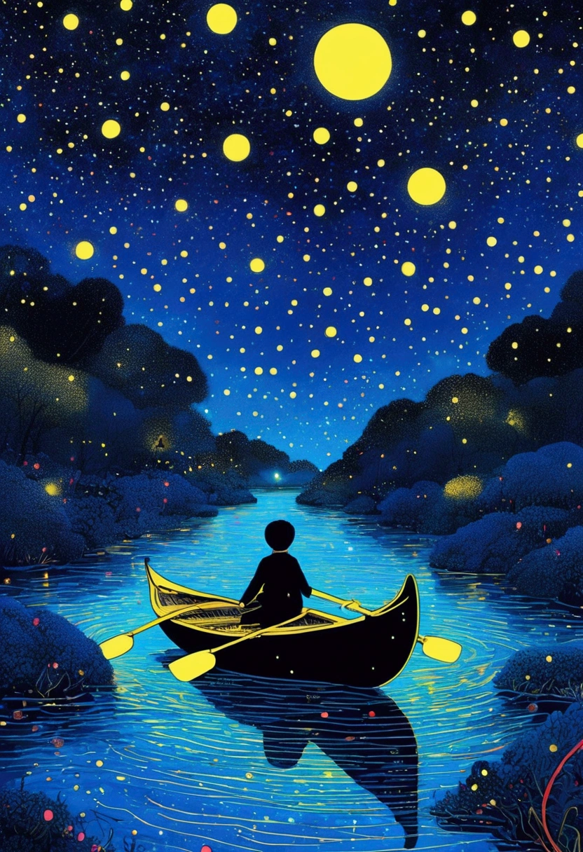 Blue starry sky、Neon,Boy rowing alone,firefly,Dreamy colors,Illustration style(Artists can refer to Yayoi Kusama)