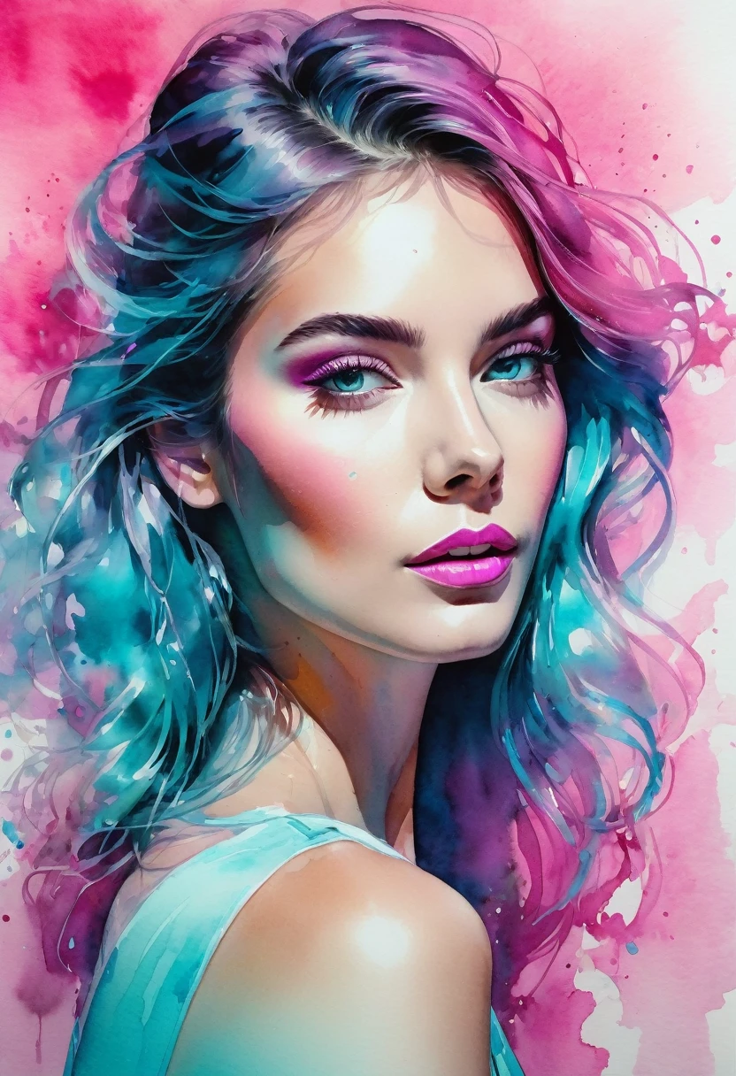 watercolor painting of a beautiful woman in a neon, High detail, portrait, light studio, colorful, high precision, strong, classic, water color ink, pink and turquoise, ultra clear