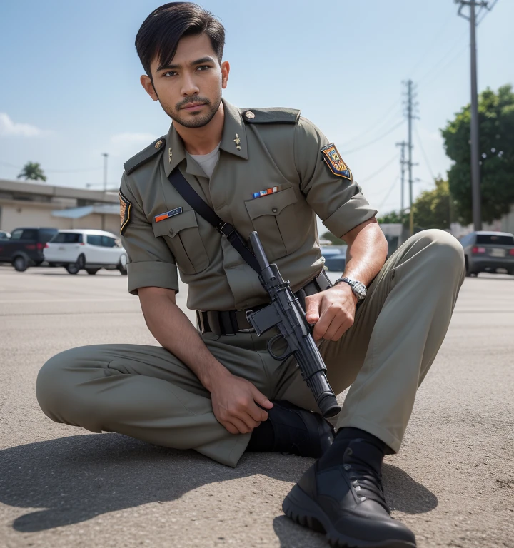 30 years old,One Man,Gray military uniform,Daytime parking lot、Sit with your legs wide open、The crotch area is bulging、Hold a gun,logic,Gay ,Very Short Hair,Stubble,Sri Lankan face。Cool handsome guy、Combatant　Fighting spirit
