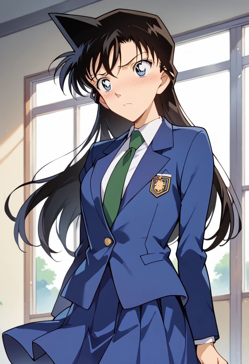 ((masterpiece,High resolution,Highest quality,8k))(Detective Conan,Mouri Ran)(Black Hair,Long Hair,Slender figure)(school uniform,Blue blazer and skirt,tie)blush