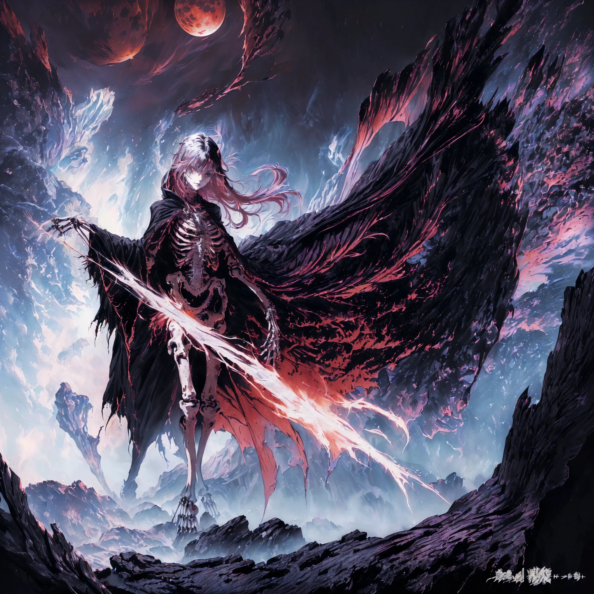 (Black hair: 1.5), Detailed cover design, Anime epic artwork, detailed key anime art, Noah Bradley. Clear focus, dark fantasy artwork, Anime Fantasy Artwork, Official artwork with high detail, Dark Witch Panorama, Fractal Thunder by Dan Mumford, Eric of Melniborn, Lich Vecna (d&d), (full body:1.5), (wide shot:1.2), best quality, 4K, high resolution, (masterpiece:1.2), Very detailed, (current:1.37), (anatomically correct:1.2), Mood lighting, An undead girl in a long cape, Whole body including hands & arms & Legs & feet are all skeleton bones but except the head is still beautiful human face, Wearing a ragged gothic skirt, Shaded expression, Aloofness emotion, Dangerous sneer, beautiful but cruel smile, Facing the camera, Crucified, Pitch black sky, Blood-red moon, strange atmosphere, Gothic style, Unforgettable beauty, Dramatic shadows, Ethereal Light, Mysterious atmosphere