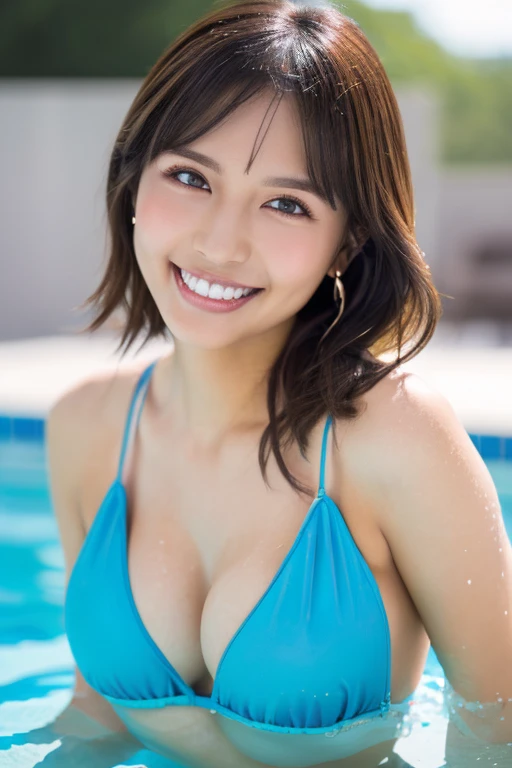 ((8k, RAW Photos, Highest quality, masterpiece, Realistic, Realistic)), (1 female), (The ultimate beautiful middle-aged woman), Highly detailed face, (Perfect Teeth), Beautiful Eyes, double eyelid, eyelash, smile, Lip details, Brunette Bob, The light shines on your face, ((Big Breasts)), ((Blue Slingshot Swimsuit)), ((Cowboy Shot)), (background: Poolside), ((Written boundary depth))、(Big eyes that shine like jewels)、(Droopy eyes, Natural Makeup、Ultra-high definition beauty face:1.35)、(Ultra high resolution perfect beautiful teeth, Center of chest, Tight waist, Smiling with teeth showing:1.25)、Ultra HD Shining Eyes、Super high quality glossy lip