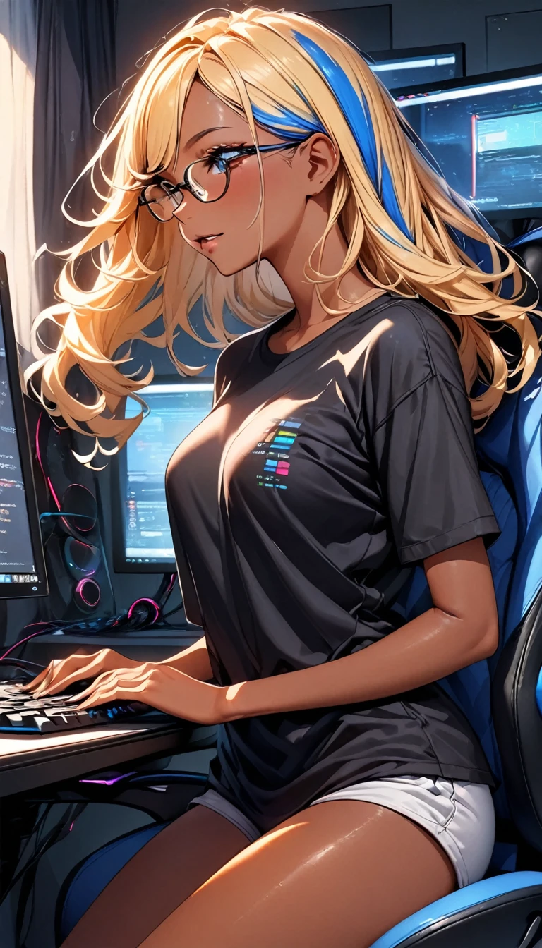 (highest quality:1.2, Very detailed, up to date, Vibrant, Ultra-high resolution, High Contrast, masterpiece:1.2, highest quality, Best aesthetics), Portraiture、girl、slim, Bright colors、Beautiful fine details、Beautiful lip detail、long hair, ((wavy hair:0.4))、messy hair, blonde and blue ((streaked hair:1.3)), highlights hair: 1.3, (medium breast:1), (tan skin:1.3), black t-shirt, pants, game programer, programming on the desk PC., sitting gaming chair, glasses, her room, side shot, (cowboy shot:1.2),