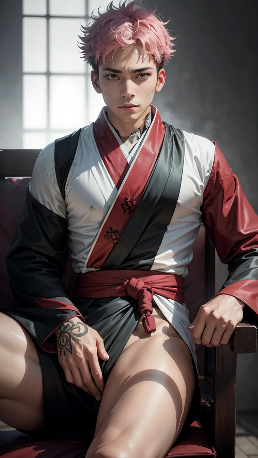A detailed photo taken from an anime story entitled "Jujutsu kaisen" called "ROYAMEN SUKUNA" with a 21 year old young man character, pink hair, and tattoos on his face in a white kimono with black stripes, sitting on a red demon king's chair. with realistic effects of mystical red light, on a dark background. in ultra HD --8K photo display.
