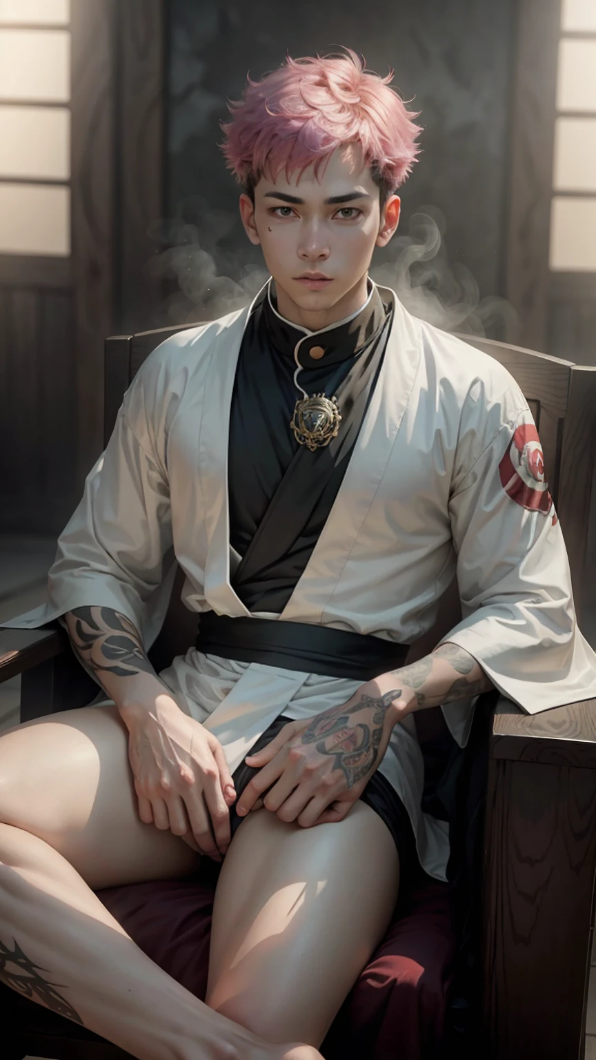 A detailed photo taken from an anime story entitled "Jujutsu kaisen" called "ROYAMEN SUKUNA" with a 21 year old young man character, pink hair, and tattoos on his face in a white kimono with black stripes, sitting on a red demon king's chair. with realistic effects of mystical red light, on a dark background. in ultra HD --8K photo display.