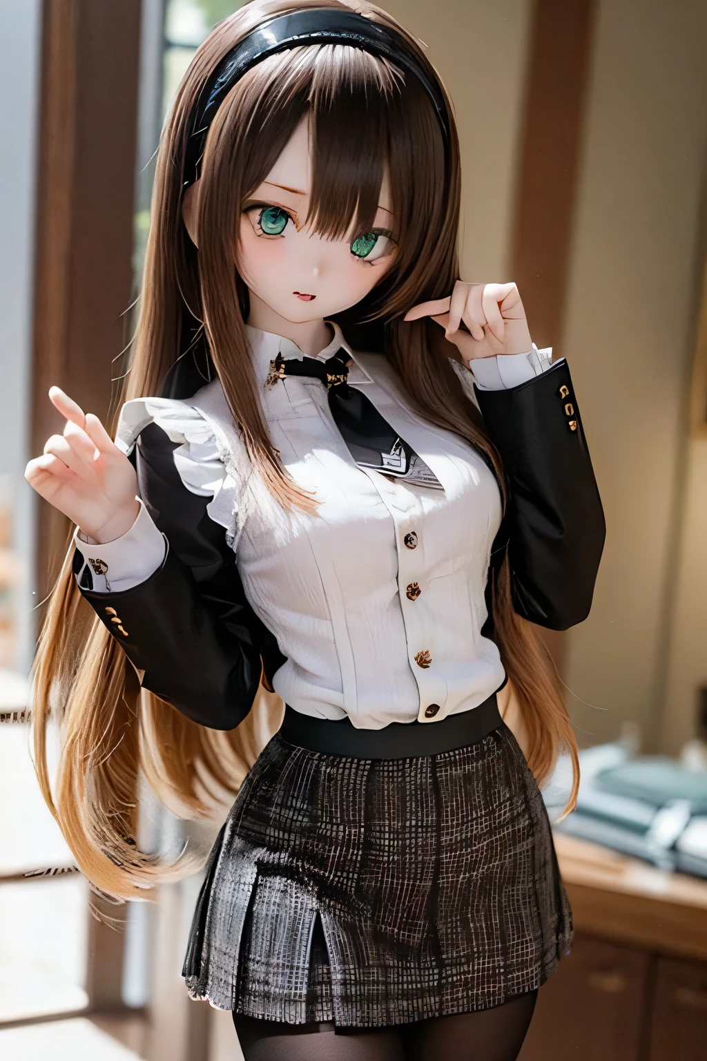(SFW:2), photorealistic, realistic photo, 8k, ((highest quality)), ((masterpiece)), (extremely detailed), kukolnydom, doll, (mature woman, 21yo, 21 years old, solo:1.6), ((cowboy shot, stylish pose, slim, slender, skinny, medium breasts, hairband, ascot, vest, blouse, long puff sleeves, pleated skirt, black pantyhose)), (green eyes, brown hair, long hair, plastic skin, looking at another, glass eyes, gradient eyes, shining eyes, detailed eyes:1.3)