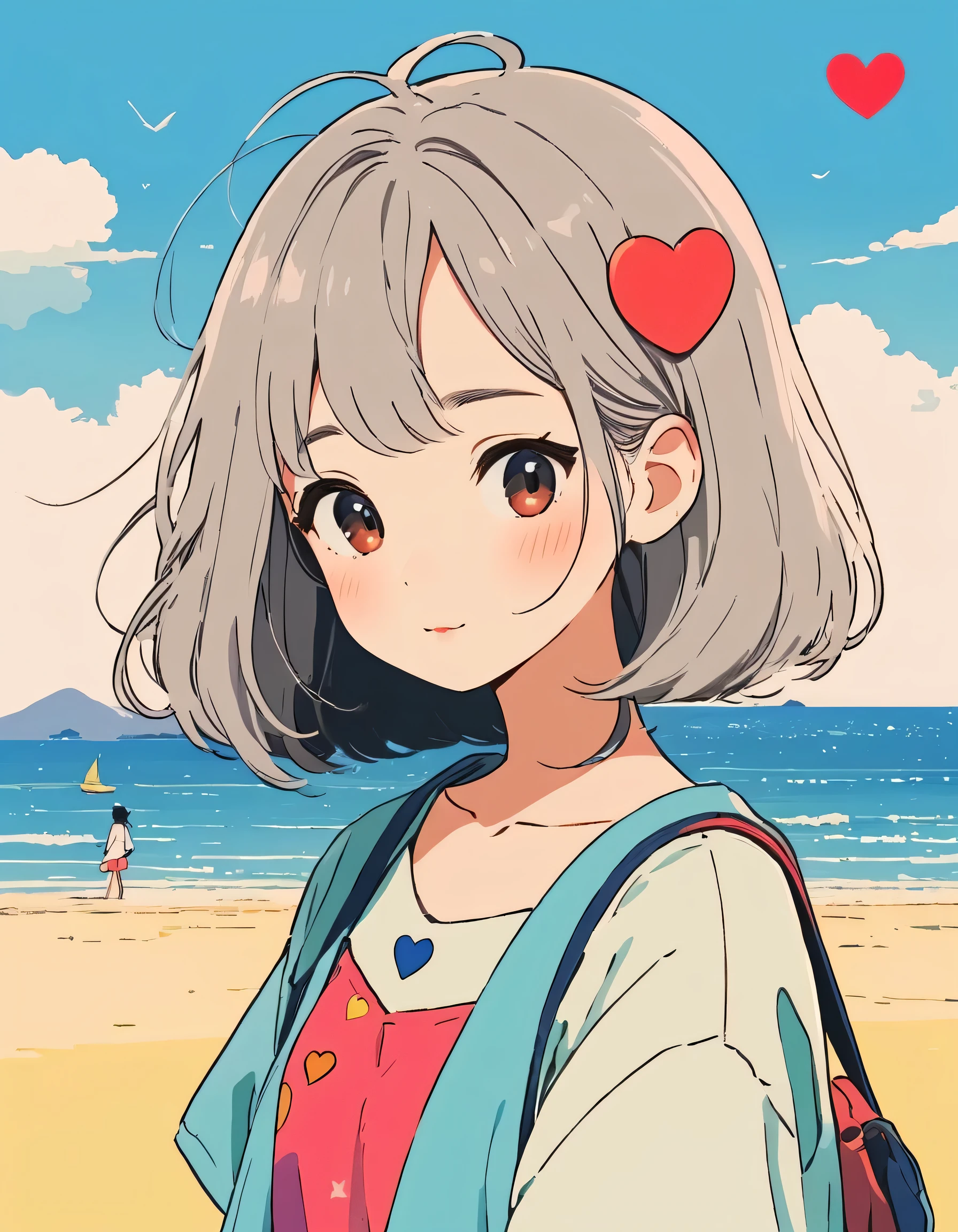 Hayao Miyazaki colorful style, Simple Line Initialism,Abstract art,Urban Background, (((The most beautiful girl of all time))), Sweet face. colorful hearts, kawaii design, summer beach