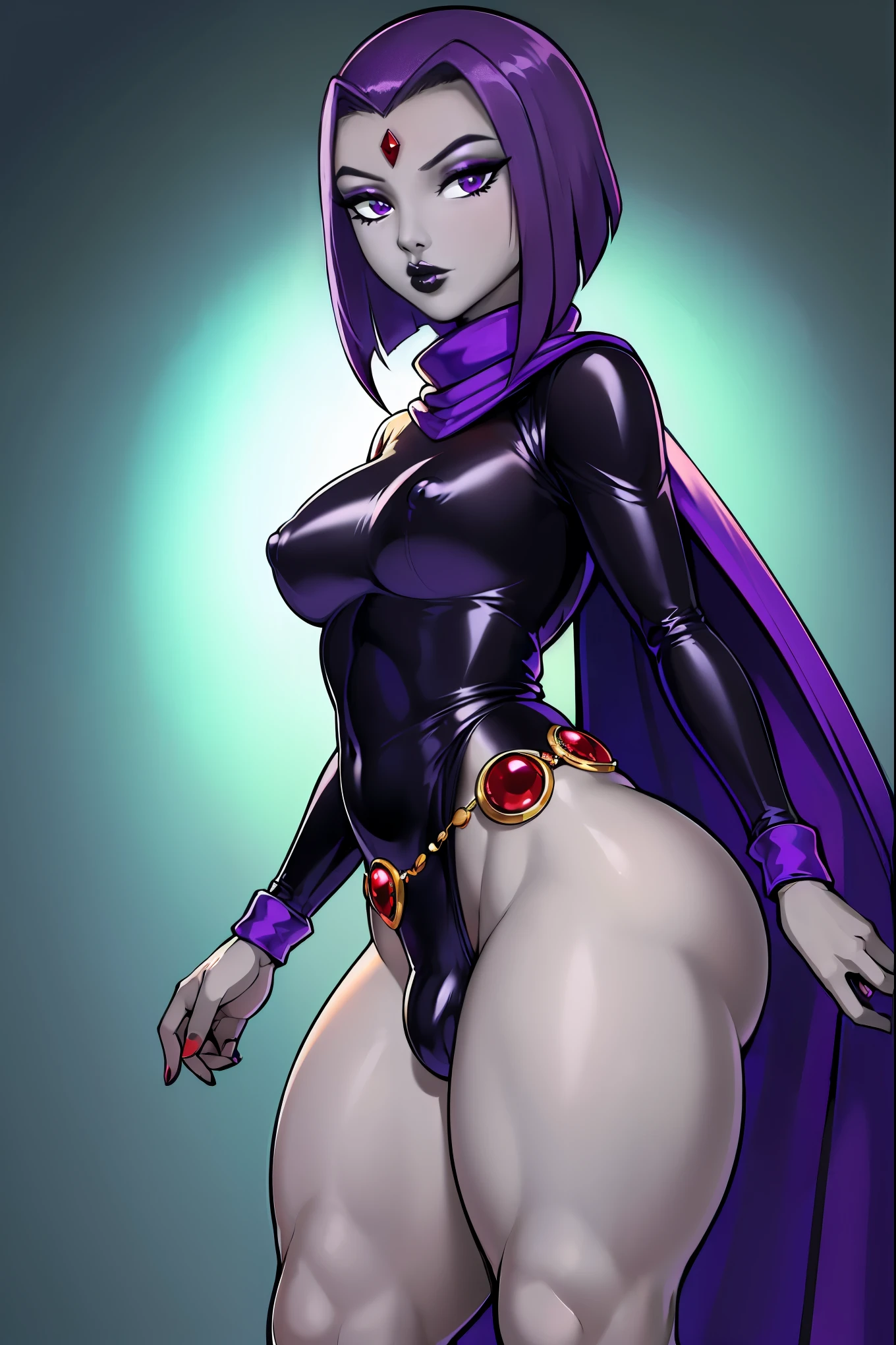 (solo:1.1),(masterpiece), (best quality:1.3), ultra detailed, intricate, professional art, digital art, absurdres, shadraven, (Full body view:1.1), 1girl, solo, (grey skin:1.4), dark purple hair, bob hair, dark purple eyes, hips wider than shoulders, pear shaped body, jewellery, detailed thighs, (thick thighs:1.3), red jewel in forehead, jewels, (long sleeved turtleneck leotard:1.4), (Red jewel Belt), (red jewel brooch), cuffs, (small breasts), nipple bulge, (shadraven long dark purple cloak), (Shadraven broach:1.2), Shadraven jewel belt, Shadraven wearing a long sleeved leotard, long legs, (very long crotch bulge:1.4), large penis, large testicles, side view, looking at viewer, bubble butt , gluteal crease, universal lighting,
