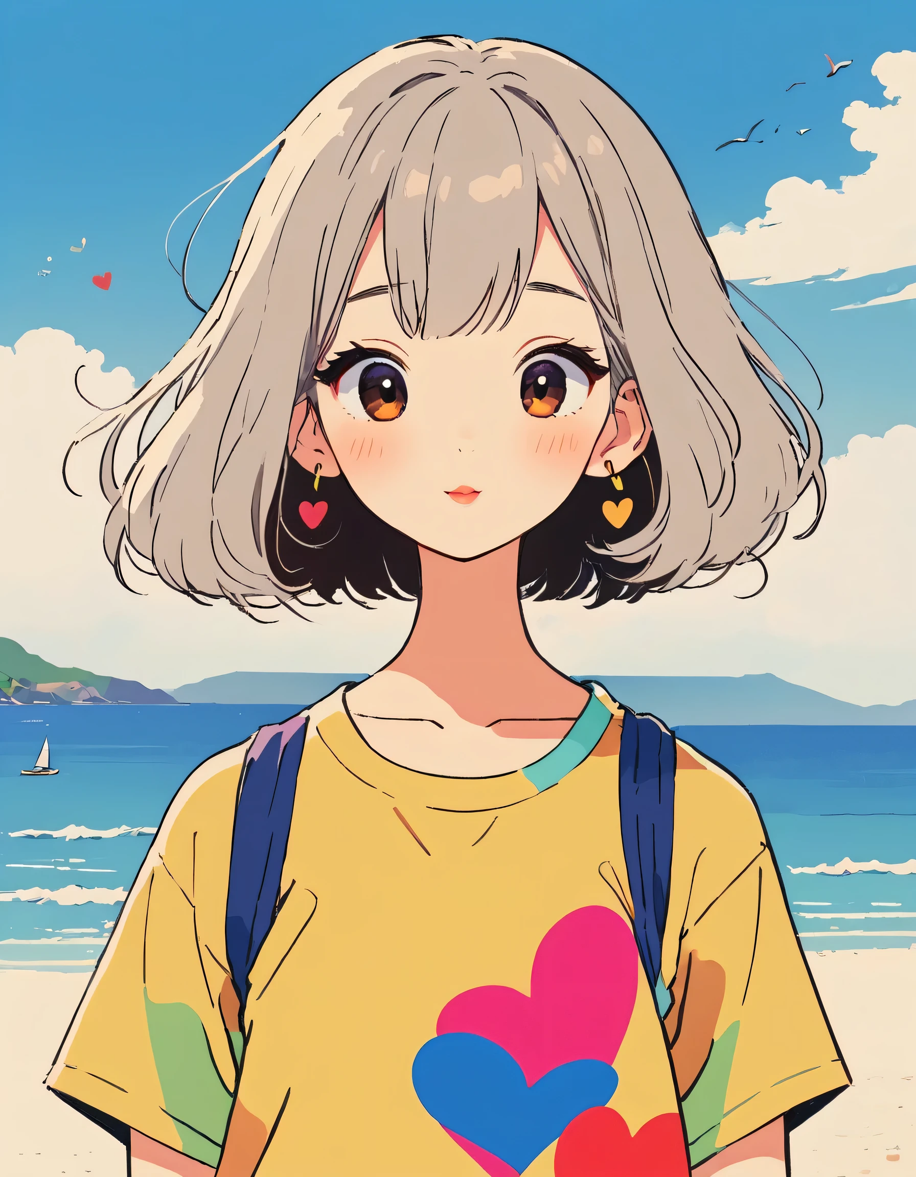 Hayao Miyazaki colorful style, Simple Line Initialism，Abstract art，Urban Background, (((The most beautiful girl of all time))), Sweet face. colorful hearts, kawaii design, summer beach
