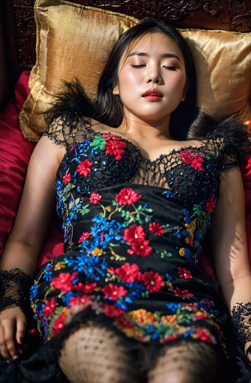 In a striking 8K HDR scene, a stunning Korean woman, 22 years old, lies peacefully in a black coffin surrounded by plush pillows. The deep box is set against a rich black background, accentuating the beauty of the subject. Her exquisite deep-V neckline kebaya attire is embroidered with superb detail, showcasing her round and firm breasts, perfect cleavage, and beautiful eyebrows. Her closed eyes and mouth give an air of serenity, while her visible and absolute cleavage leave nothing to imagination. The scene is bathed in saturated colors, highlighting every intricate aspect from the ball skirt to her clean face, straight body, detailed hand perfect hands, straight body, own hands together, own hand on stomach, detailed hands, perfect hands.