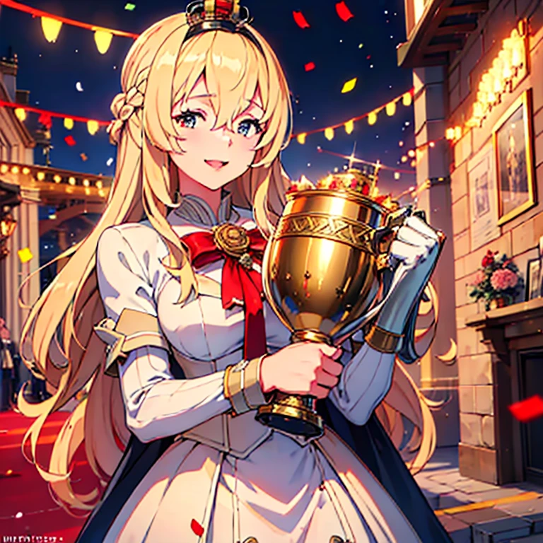 warspite_kantaicollection,
(masterpiece:1.4),(best quality:1.4), (high quality:1.4),(hyper detailed:1.4),(exquisite:1.4), art CG,8K,
standing solo girl, holding (large trophy:1.3), upper body,happy smile,
(red_carpet:1.1), awards ceremony, spotlight,. (confetti:1.1),