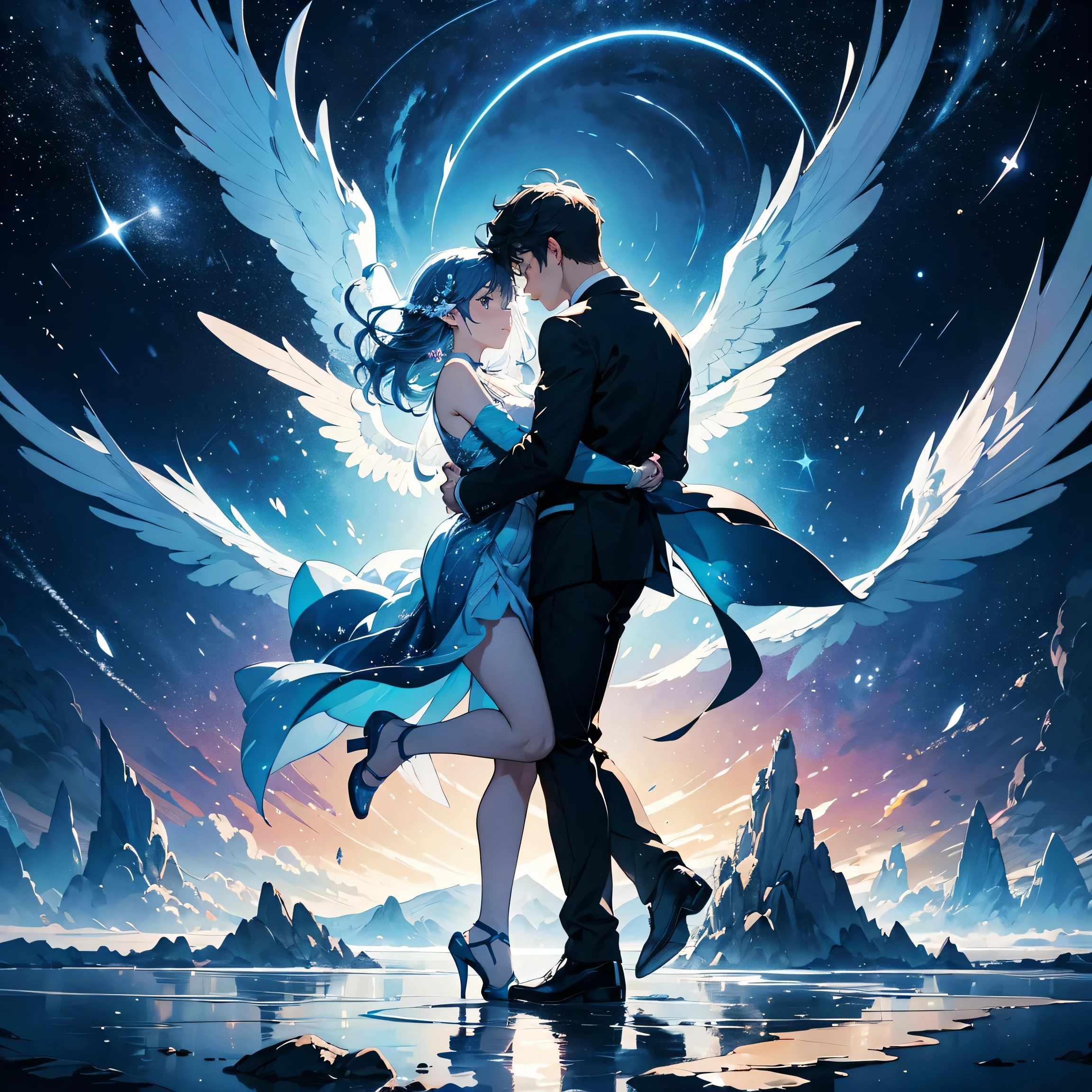 "Create an album cover illustrating a serene night sky filled with stars that tell a story, symbolizing an endless future. Show a couple dancing under the stars, their movements creating trails of light and abstract shapes. Incorporate elements of soaring beyond time, with wings and waves of light to represent their journey. The overall scene should evoke a sense of infinite love, rhythm, and a bright future together."