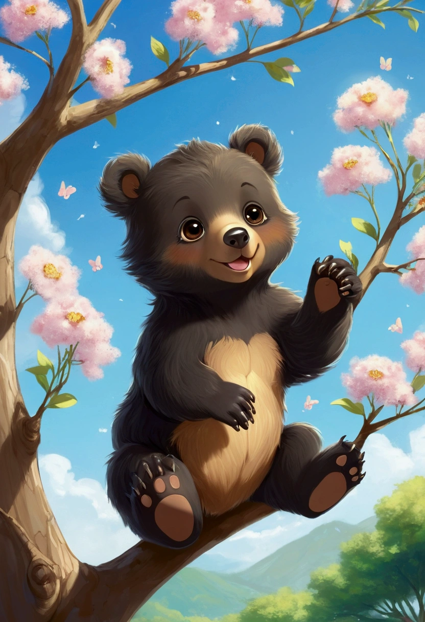 Anime style, cute baby bear, Asiatic black bear, climbing a tree and playing with honey, soft spring sunshine, warm and comfortable weather, flowers blooming and butterflies fluttering, big black round eyes are cute, the baby bear's fur sparkles in the spring sunshine, the sky is high and clear, and small cottony clouds drift in the wind.