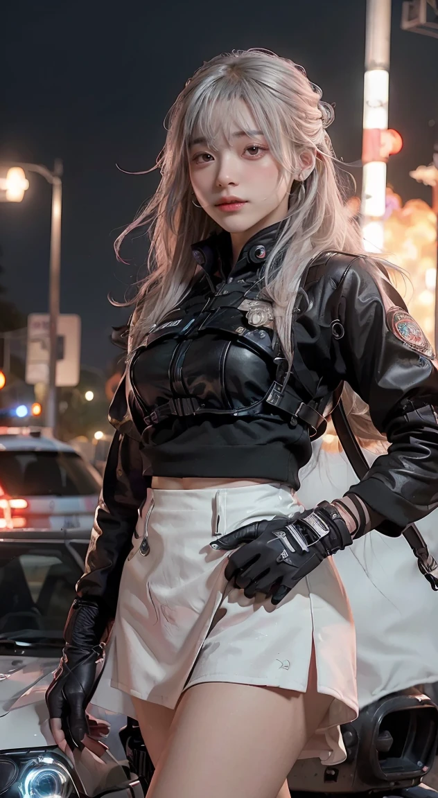 (Top Quality, Ultra High Definition, Photorealistic:1.4), (cowboy shot:1), 1 Beautiful Armed Girl, (Kpop Idol), Detailed Face, (Hair Style: long hair blonde:1, fullbang, shortbob-style:1), Contrapposto, Perfect Anatomy, ((wearing Futuristic Police Racing Suits, low-mini-skirt, police wappen, High-tech Headset, military harness, racing gloves, )), (Cloths colors based on silver pink black white), (background, crashed cars, fire, (Explosion)),
