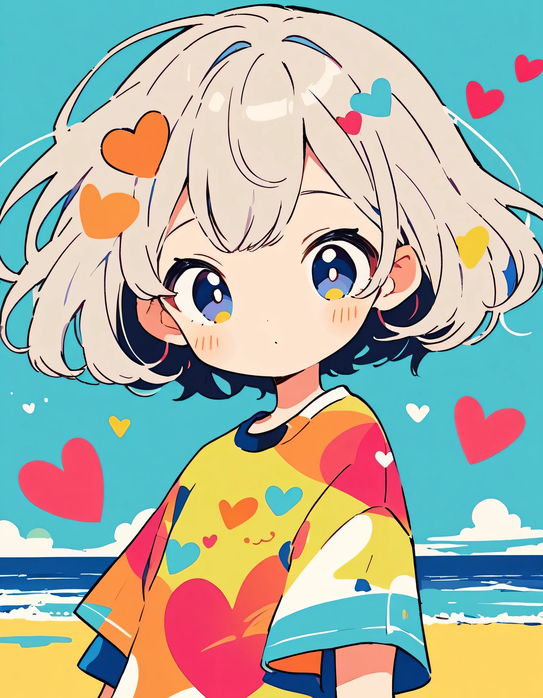 Hayao Miyazaki colorful style, Simple Line Initialism，Abstract art，Urban Background, (((The most beautiful girl of all time))), Sweet face. colorful hearts, kawaii design, summer beach