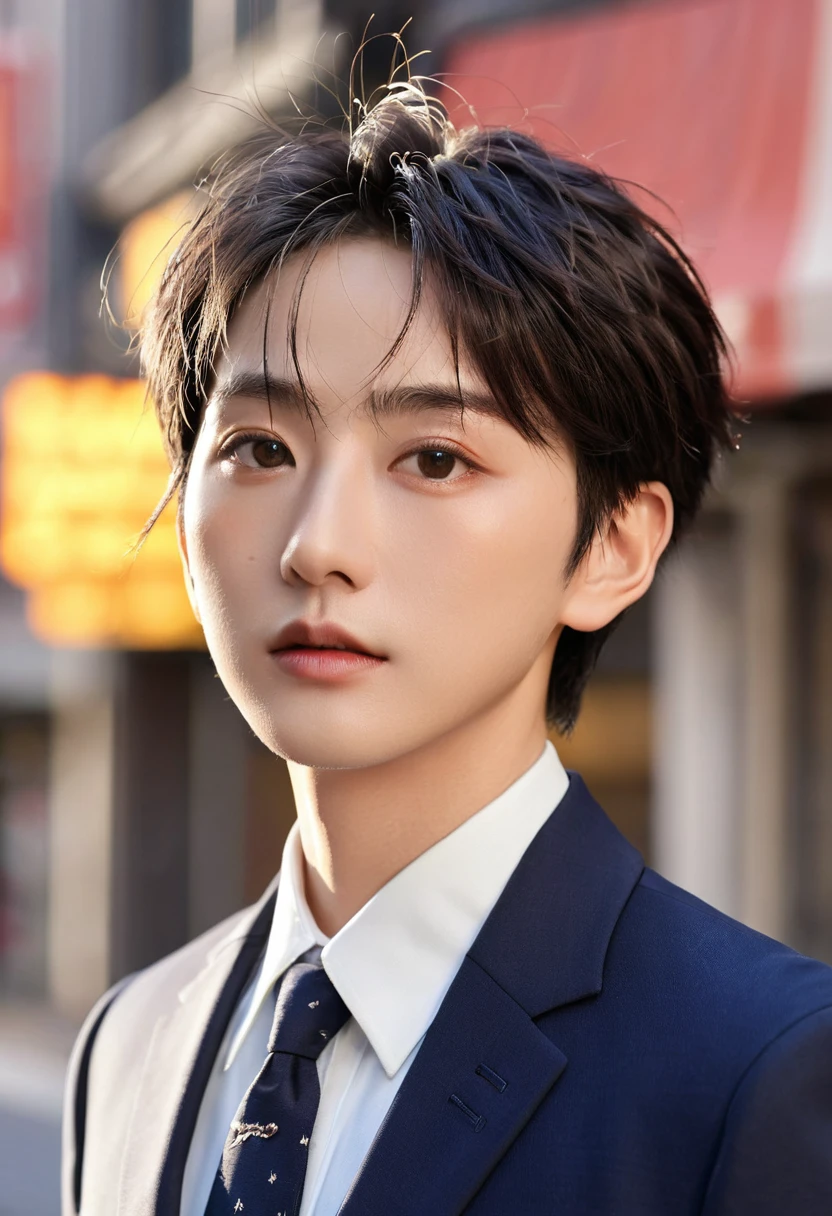 Highest quality, masterpiece, Ultra-high resolution, (Realistic: 1.4), Original photo, wallpaper, new york,Head Photo, skin, Simple Background, iris, detailed, Selfie, 1 boy, 18-year-old, good looking, Wind,sunset、suit、Black short hair、Random Hair、The light shines on the Japanese face, Ray-tracing, (Bright light:1.2), (Improvement of quality:1.4), (Highest qualityのリアルテクスチャスキン:1.4), Detailed drawn eyes, Detailed painted face, Quality Eyes, (Tired, sleepy and satisfied:0.0), Face close-up, T-Shirts, (Enhance the mood of your body line:1.1), (skinの質感の美しさを高める:1.1)