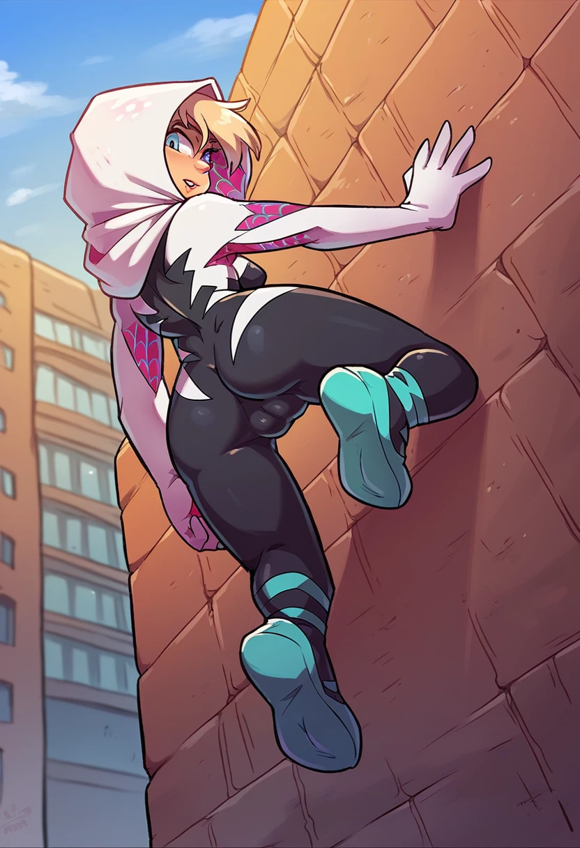 Gwen stacy from spider man climbing a wall, rubio, white spider suit, tight suit, camel toe, building, climbing,