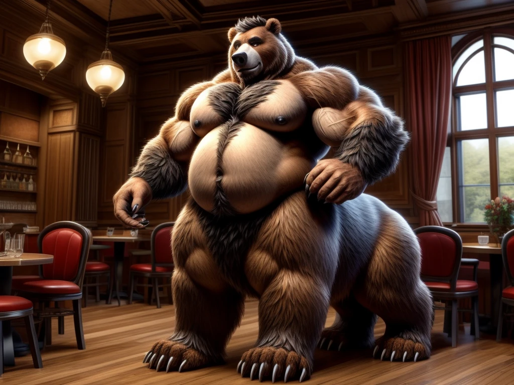 furry, fur taur, beartaur, human-like, anthro, middle-age, solo,1man, detailed face, bear ears, bear eyes(brown), bear nose(black), bear mouth, beard(grey), hair, mature hair(grey), detailed arm, thick arm, forearm hair, muscular, thick hands(5 fingers), thick claws, detailed body belly, thick body, muscle belly(white), thick chest, chest hair(white), nipples, detailed taur body, thick taur body, waist hair, thick bear paws, bear paws hair, thick bear claws, thick bear tail, full body shot, standing in the england bistro