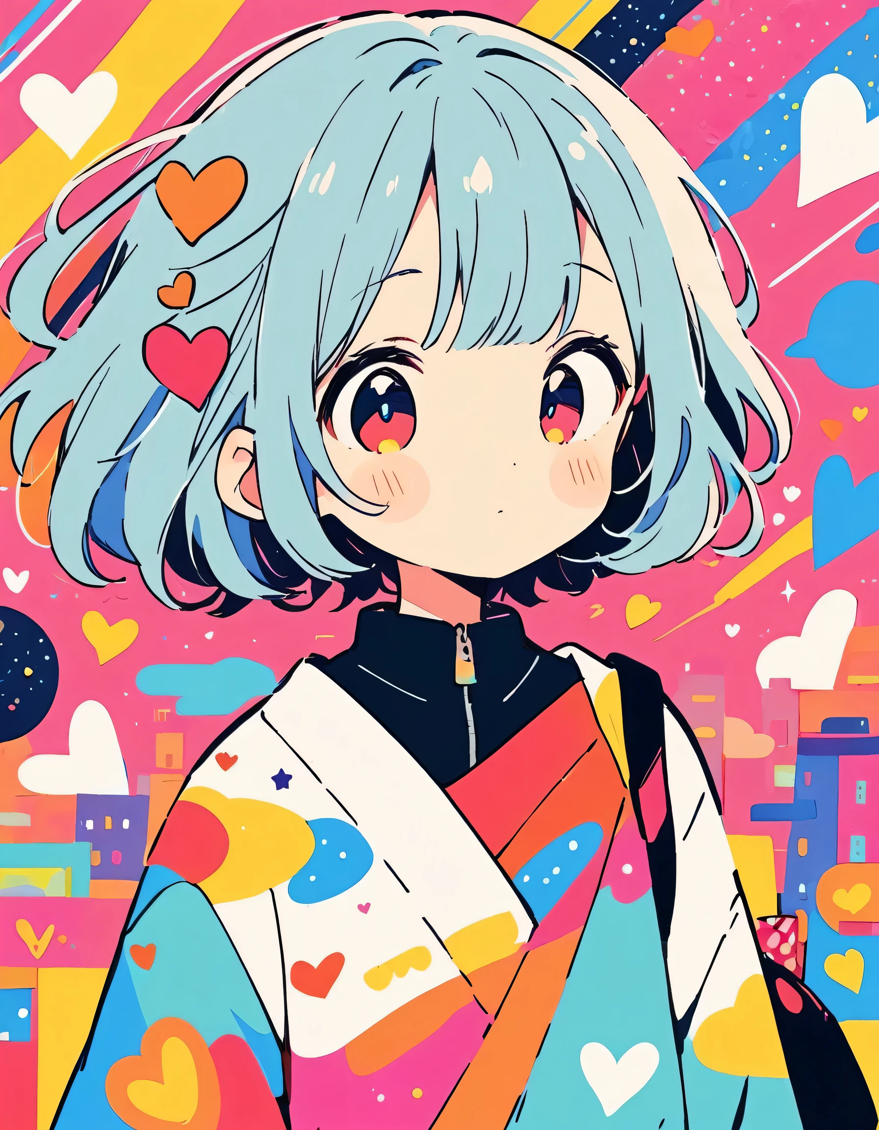 Hayao Miyazaki colorful style, Simple Line Initialism，Abstract art，Urban Background, (((The most beautiful girl of all time))), Sweet face. colorful hearts, kawaii design, The background is space