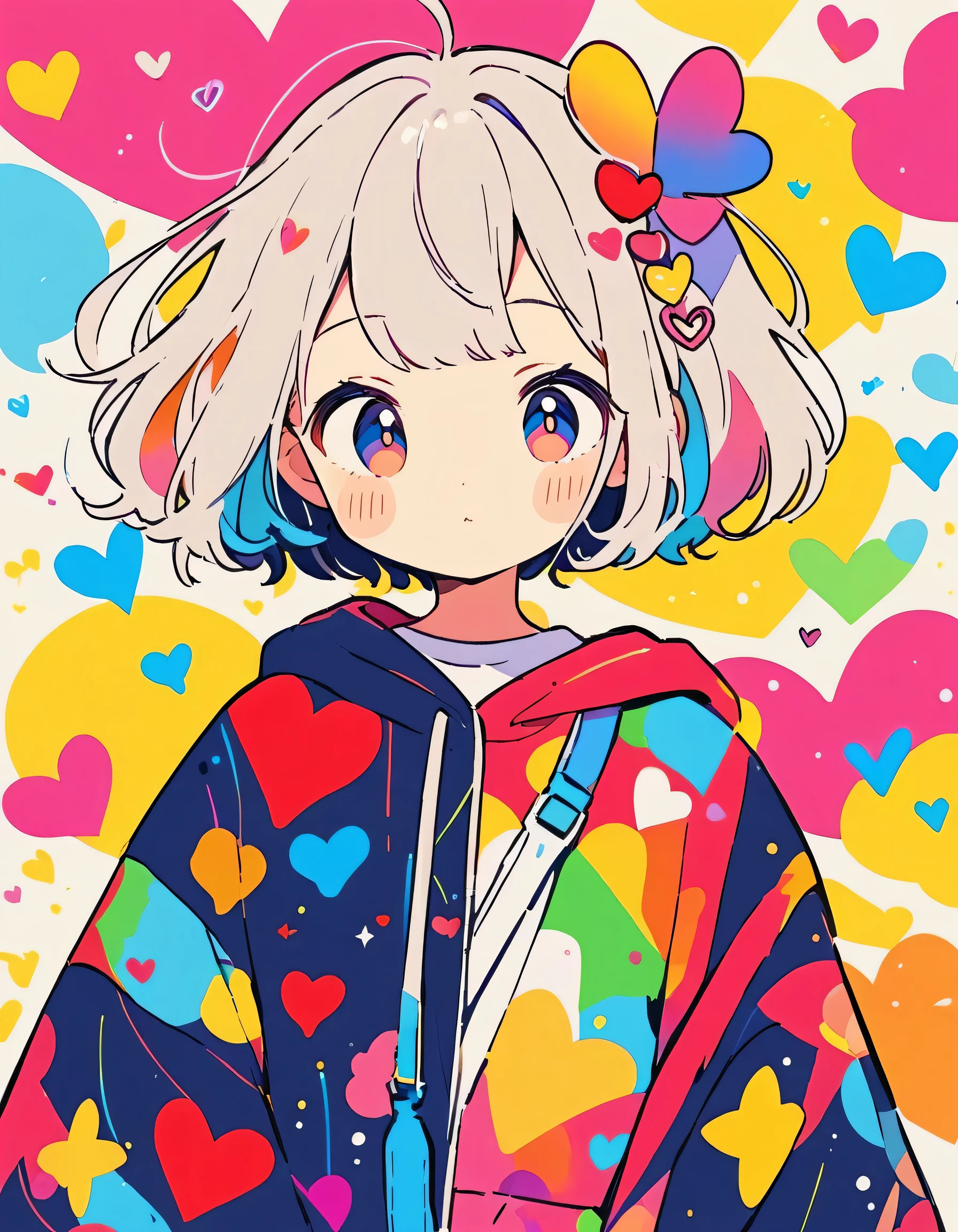 Hayao Miyazaki colorful style, Simple Line Initialism，Abstract art，Urban Background, (((The most beautiful girl of all time))), Sweet face. colorful hearts, kawaii design, The background is space