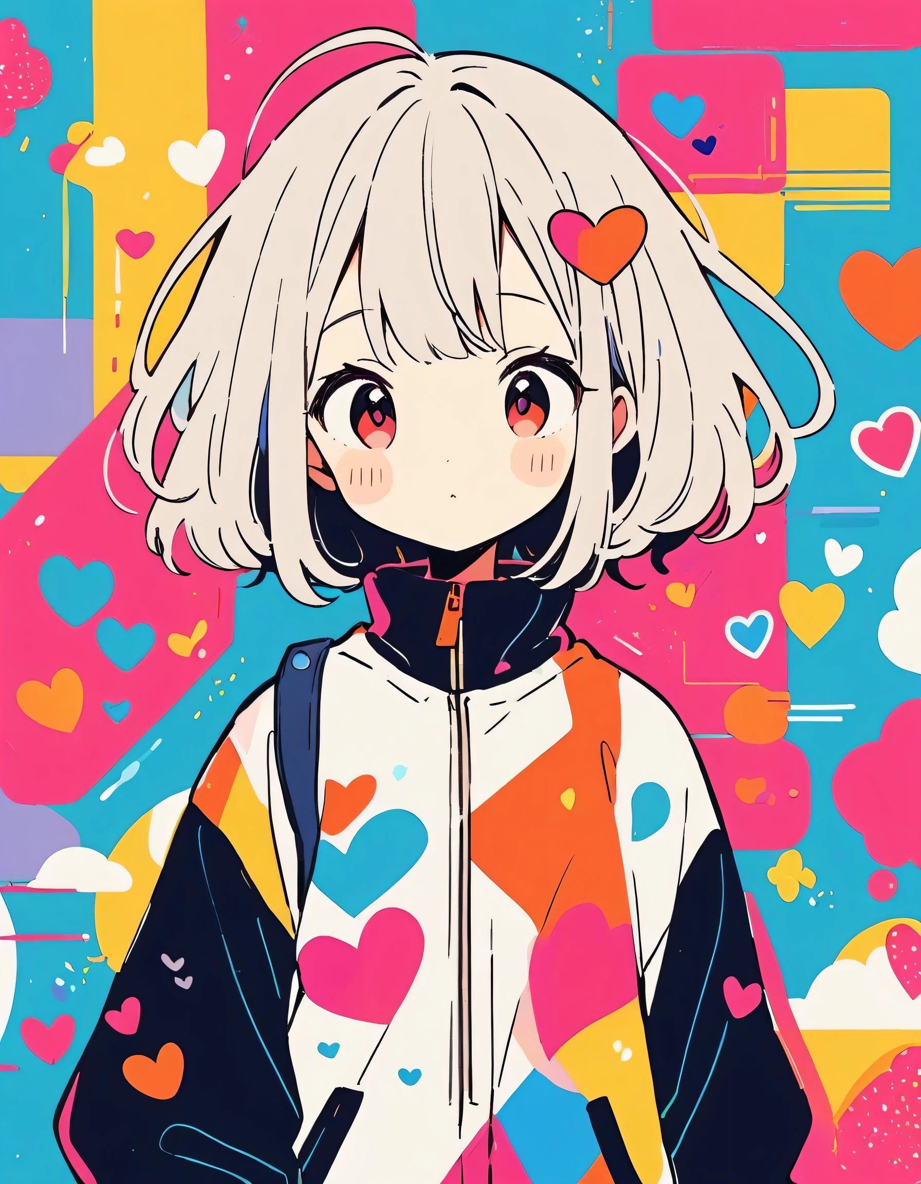 Hayao Miyazaki colorful style, Simple Line Initialism,Abstract art,Urban Background, (((The most beautiful girl of all time))), Sweet face. colorful hearts, kawaii design, The background is space