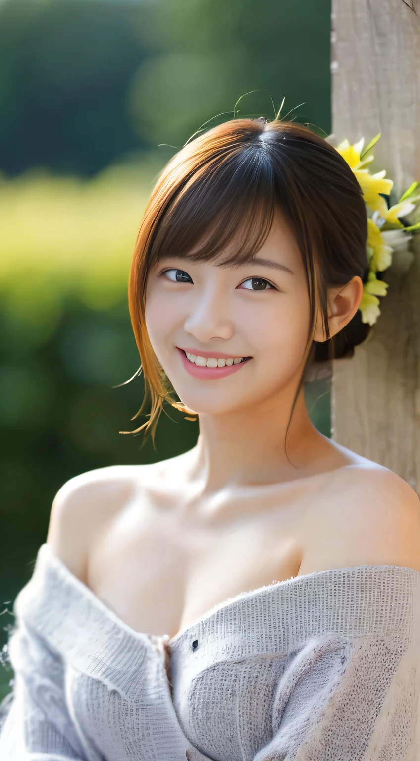 masterpiece,best quality,(Japanese girl),((Beautiful girl)),cleavage,(off shoulder:1.2),(perfect body beauty:1.2),(shy smile),From slightly above,
