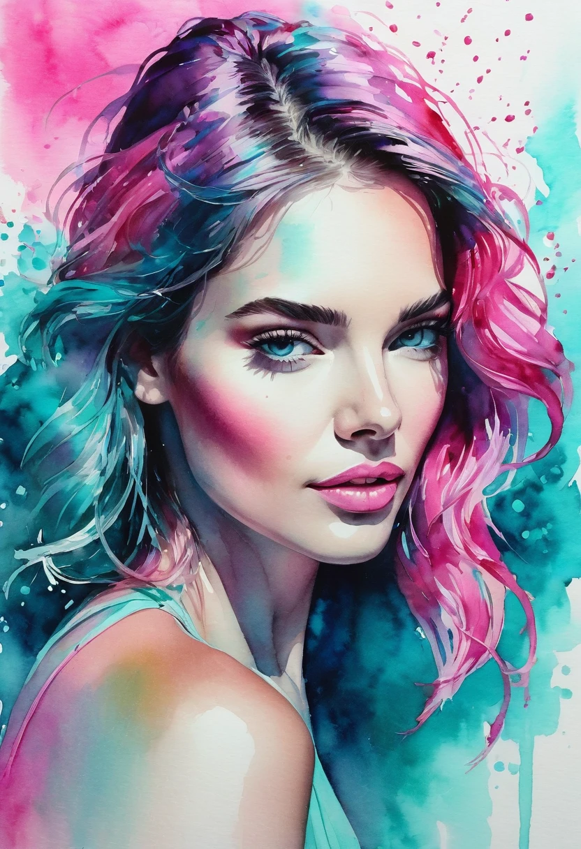 watercolor painting of a beautiful woman in a neon, High detail, portrait, light studio, colorful, high precision, strong, classic, water color ink, pink and turquoise, ultra clear