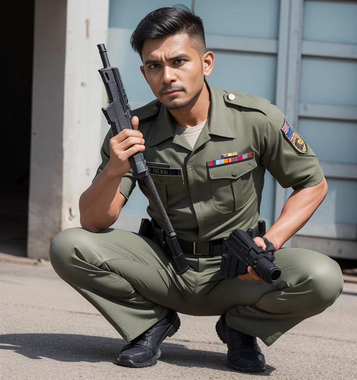 40 years old,One Man,Gray military uniform,Daytime parking lot、Squat with your legs wide apart、The crotch area is bulging、Hold a gun,logic,Gay ,Very Short Hair,Stubble,Sri Lankan face。Cool handsome guy、Combatant　Fighting spirit