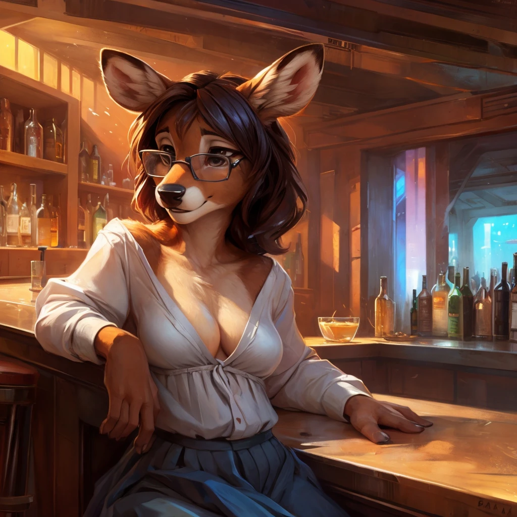 uploaded on e621, artstation, by Pixelsketcher, by Bayard Wu, by Thomas Benjamin Kennington , by Einshelm, by hioshiru and kenket, Chunie, portrait, solo anthro female deer doe, tiny featureless breasts, tiny breasts, clear dark blue, cinematic lighting, sitting on a bar counter, sitting inside at a party bar, night club background, shiny, chin short curly dark brown hair, shoulder length hair, wears big black nerd glasses, very very beautiful furry art, furry art, thoughtful, shiny, feminine, cute face, muzzle, fluffy chest, flawless face, Fallow deer, 1girl, Sakimichan is beautiful, Masterpiece, Wavethesallow Face, shiny, Detailed image, Detailed background, Detailed image, wears pure oversize white wide big blouse, shiny, realistic face, perfect anatomy, hourglass body, anthropomorphic deer, happy, very happy, small ears, huge black nerd glasses, hourglass body, (furry body:1.1), anthropomorphic deer, small fluffy tail, detailed background, (cute anatomy:1.1), sexy, sexy look
