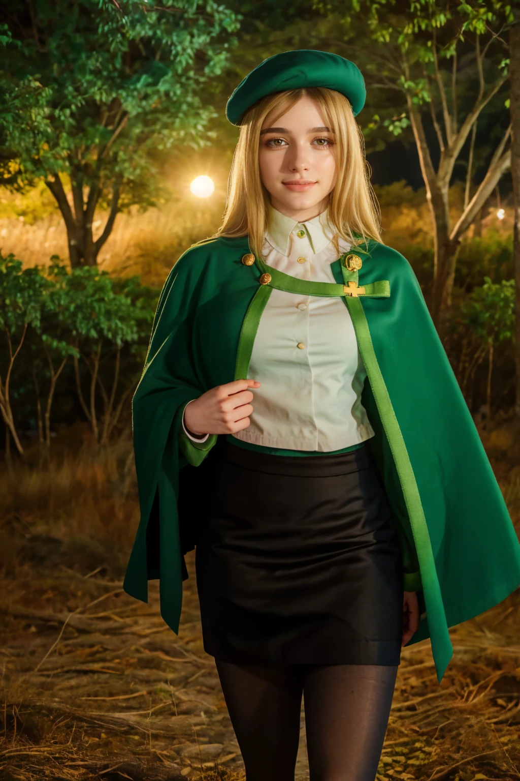 1 girl, best quality, ((Miyo)), tarankaaa, perfect face, NOT Dasha Taran, beautiful smile, 30 years old, ((ascot,uniform, black skirt, cross, ribbon, gold blonde hair, emerald, beret, cape, pantyhose)), ((perfectly drawn hands)), perfect body, bare tree, bush, fog, forest, grass, nature, outdoors, plant, scenery, solo, standing, tree, 32k photograph, ((perfect eyes, detailed eyes,realistic eyes)), ((sharp face, detailed face, realistic face, natural skin, realistic skin, detailed skin, pores)), full body, tone mapping, asian-european, ((masterpiece)), ((highres)), ((detailed background)), japanese village background, night, big proportions, (abdomen is covered)